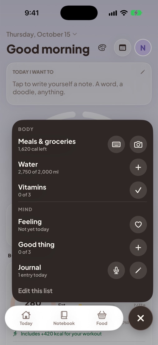 The plus menu: Meals and groceries, Water, Vitamins, Feeling, Good thing, Journal
